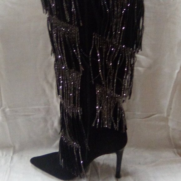 INC Womens Black Metallic Fringed Shynf Pointed Toe Stiletto Knee-Hi Dress Boot - Picture 4 of 7